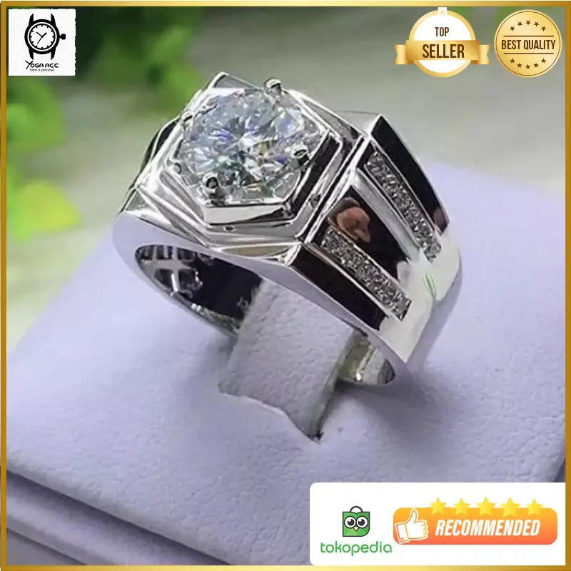 Cincin Pria Perak Berlian Imitasi Cubic Zirconia Casual Mewah Berkelas