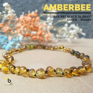 Amber Bee Kalung Amber Anak Glossy Green NGG80 Model Baroque Material Amber Rope Ikat Mati Tiap Butir Lock Ulir Plastik Untuk Membantu Tumbuh Gigi Anak