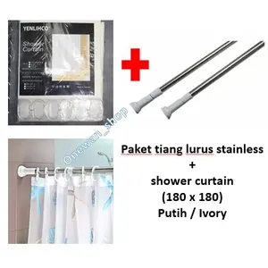 Paket tiang lurus stainless + shower curtain / Tirai kamar mandi