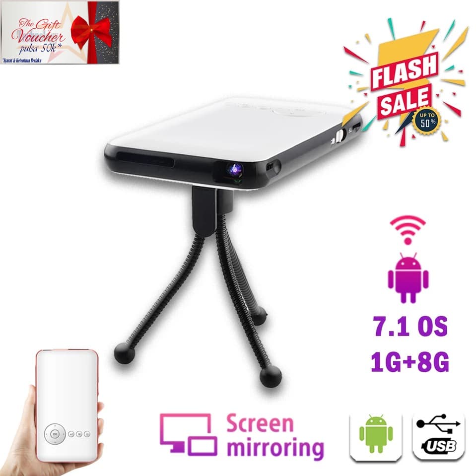 Proyektor Mini Portable Android 7.1 Suport Bluetooth 1080P 8G HDMI OUT