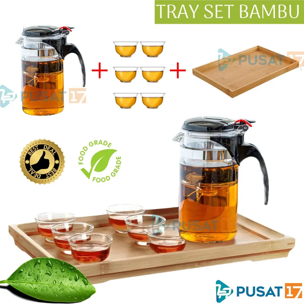TEAPOT TRAYSET BAMBU 6CUP C18 CANGKIR SET SARINGAN TEH SET 6GELAS KACA