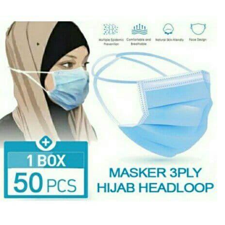 MASKER HIJAB DAN HEADLOOP FACE MASK 3 PLY 1 BOX 50PCS masker - Biru