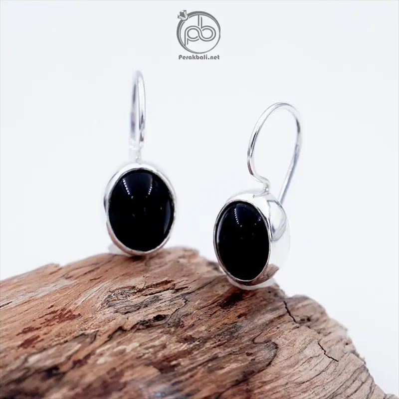 Anting Wanita Perak Bali Asli 925 Black Onyx Oval 0