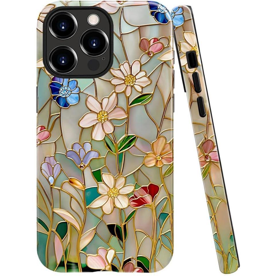 Case for iPhone 16 Pro Max,Fits Glossy Case Design for Girl Women,Color Floral Stained Glass