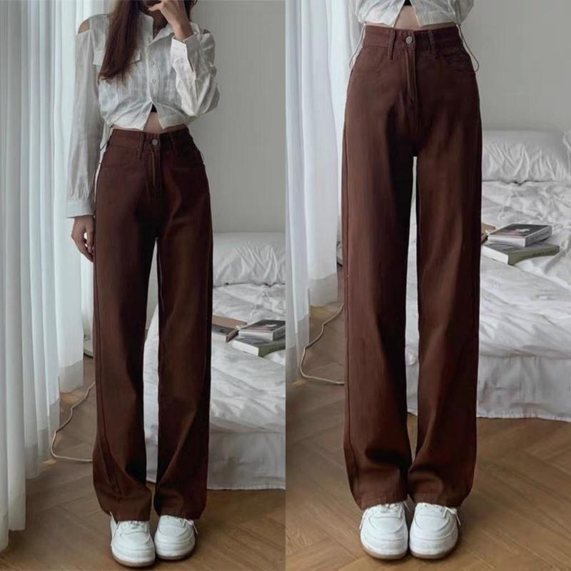 Quần Jeans Ống Rộng Cạp Cao Màu Nâu