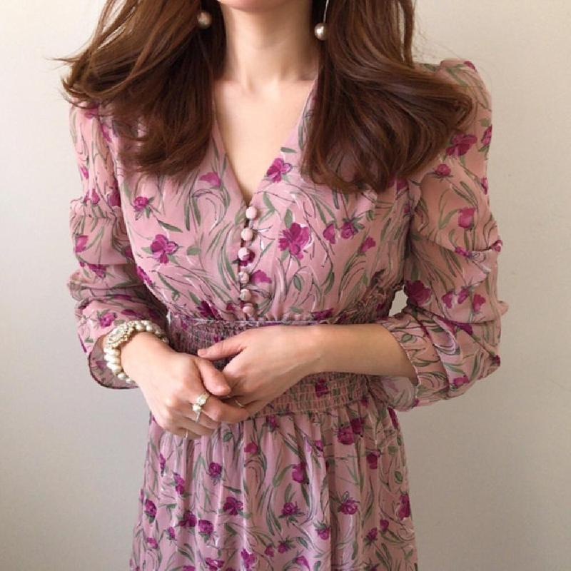 V-Neck Floral Long-Sleeve Dress-ALSZXM081705