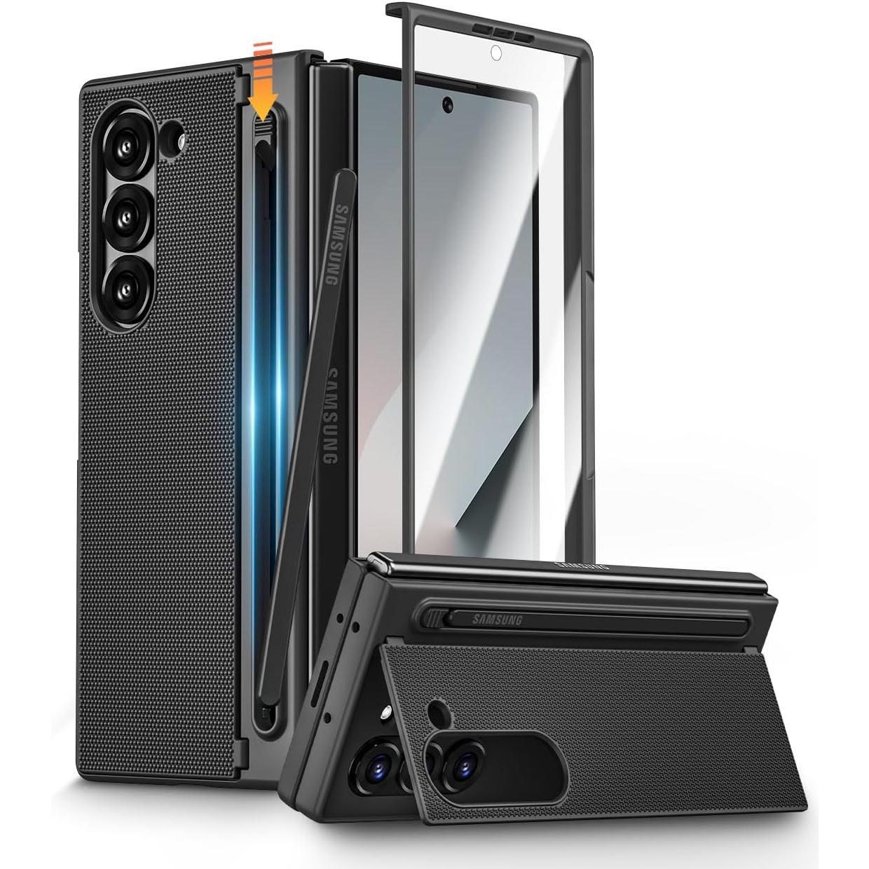Caka for Galaxy Z Fold 6 Case with S Pen Holder Slot Hidden Kickstand Front Screen Protector Wireless Charging Slim Phone Case for Samsung Galaxy Z Fold 6, Black