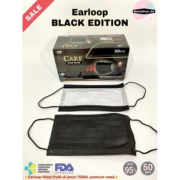 i-Care BLACK Edition Earloop 3ply ICARE Disposable face mask masker hitam bedah - BOX