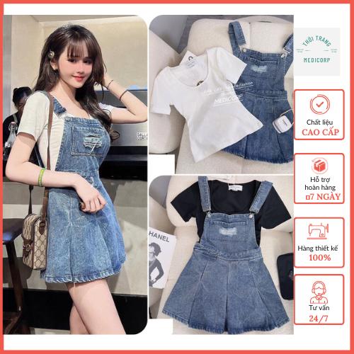 Set Yếm jeans dáng Váy xòe kèm Áo Phông trắng mix [Hàng Loại 1]