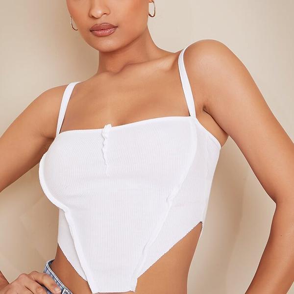 White Ribbed Corset Detail Crop Top