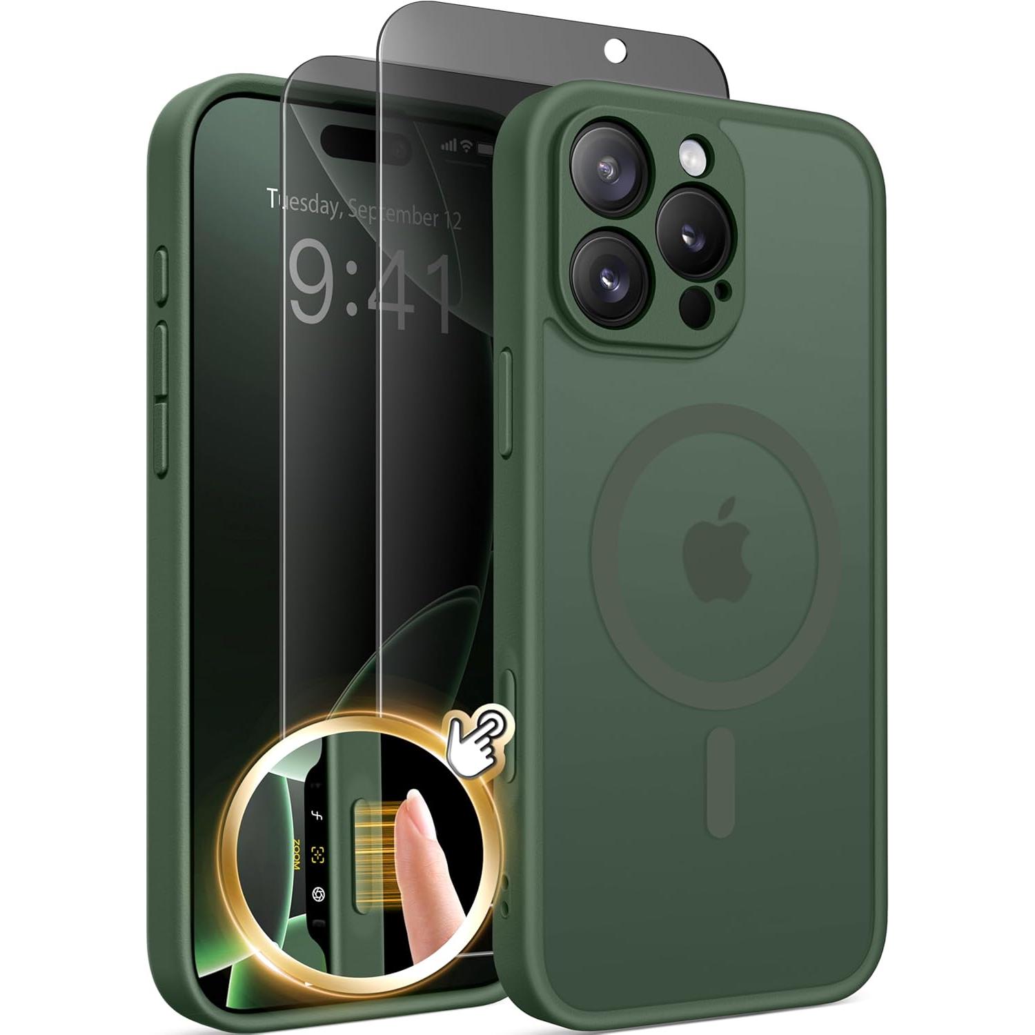 Magnetic for iPhone 16 Pro Case with Camera Control Button,Compatible with MagSafe,[Full Camera Protection][Privacy Screen Protector] Matte Translucent Phone Cover for iPhone 16 Pro(Green)