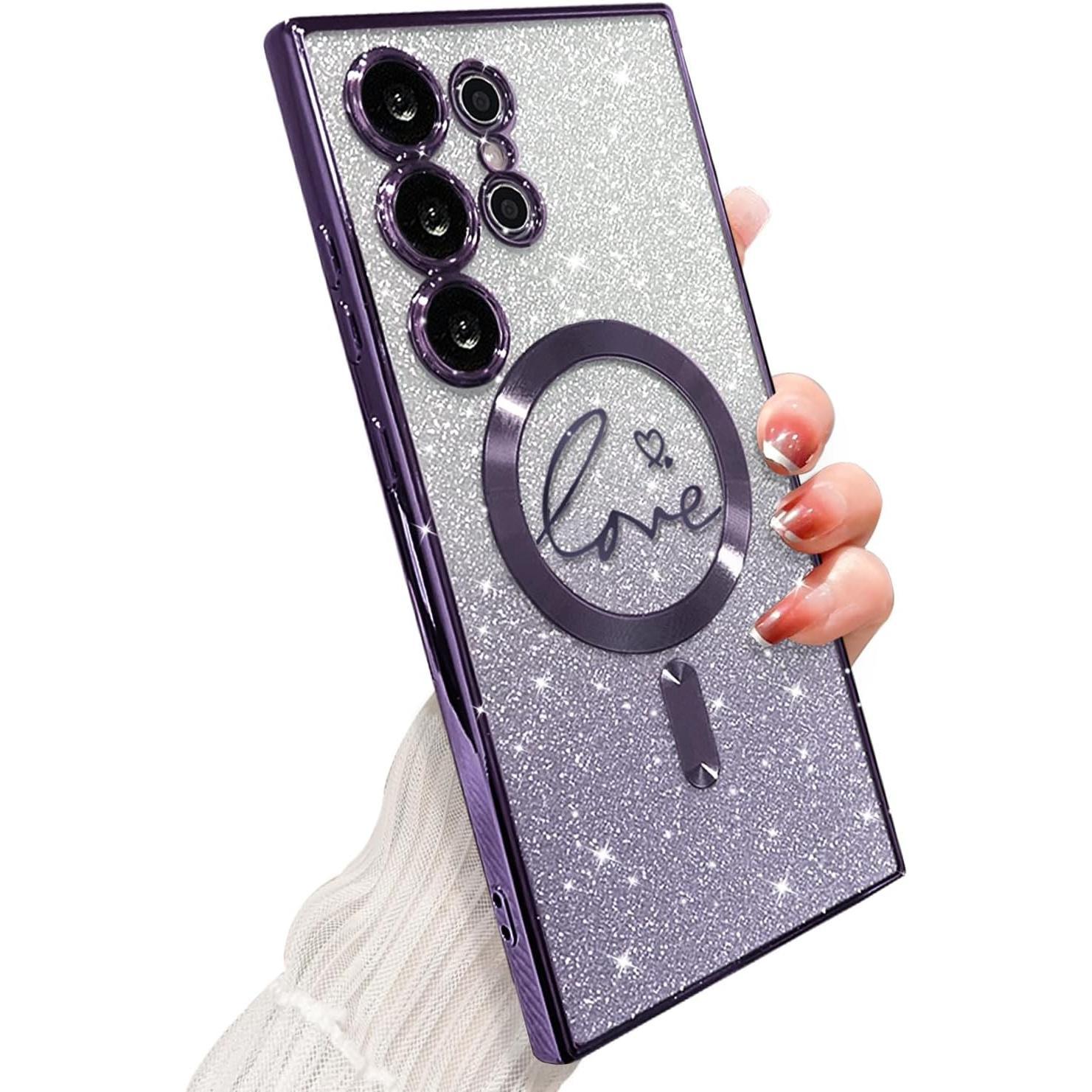for Samsung Galaxy S24 Ultra Case Magnetic,for Women Girl Soft Cute Luxury Love Heart Plating Bling Gradient Glitter Clear Phone Case Compatible with MagSafe Shockproof Back Cover 6.8”-Purple