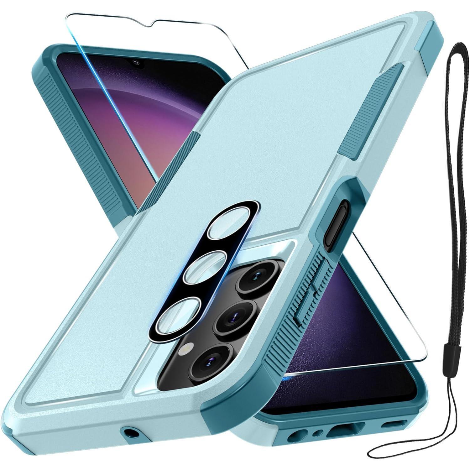 RMOCR Case for Samsung Galaxy A15 5G, Full Body Heavy Duty Rugged Shockproof Protective Phone Cover with Lanyard Strap, Tempered Glass Screen Protector and Camera Lens Cover, Mint Green