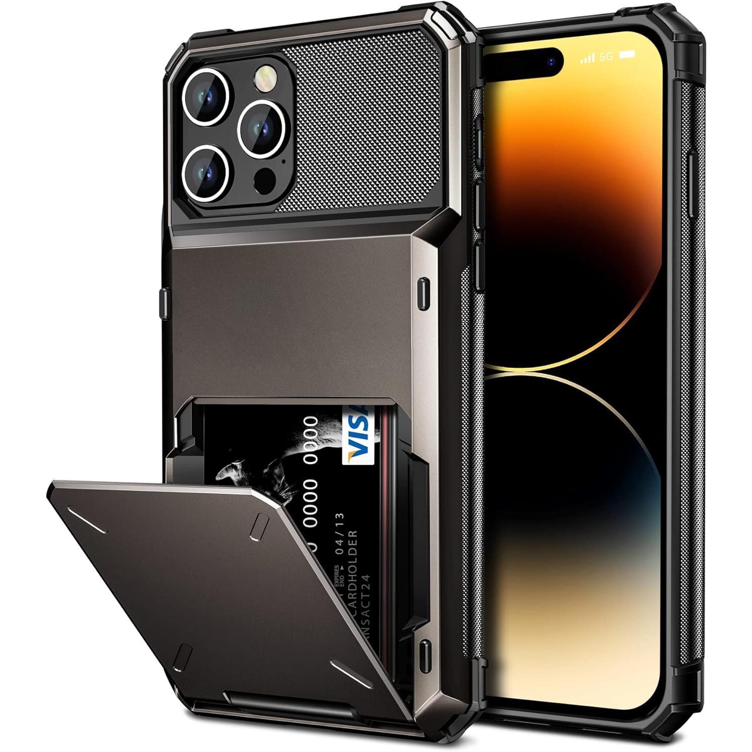 Vofolen for iPhone 14 Pro Max Case Wallet Cover 4-Card Credit Card Holder ID Slot Scratch Resistant Dual Layer Hybrid Protective Hard Shell Rugged TPU Bumper Armor Case 6.7 inch Gun