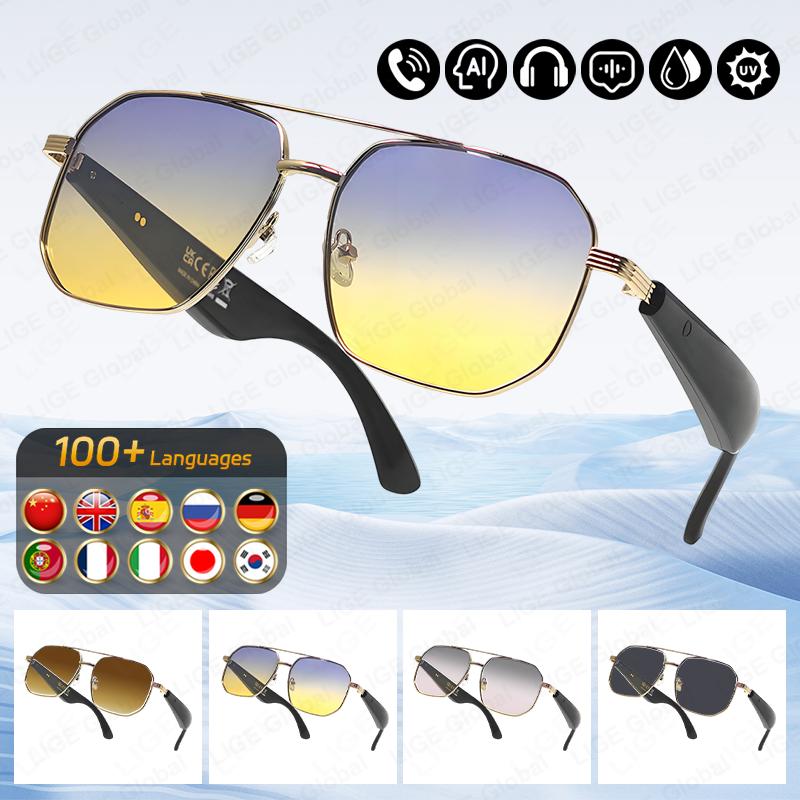 LIGE New Smart Glasses For Men Women Bluetooth Call AI Translation 100+ Languages Glasses Music Headphones Anti-UV400 Sunglasses