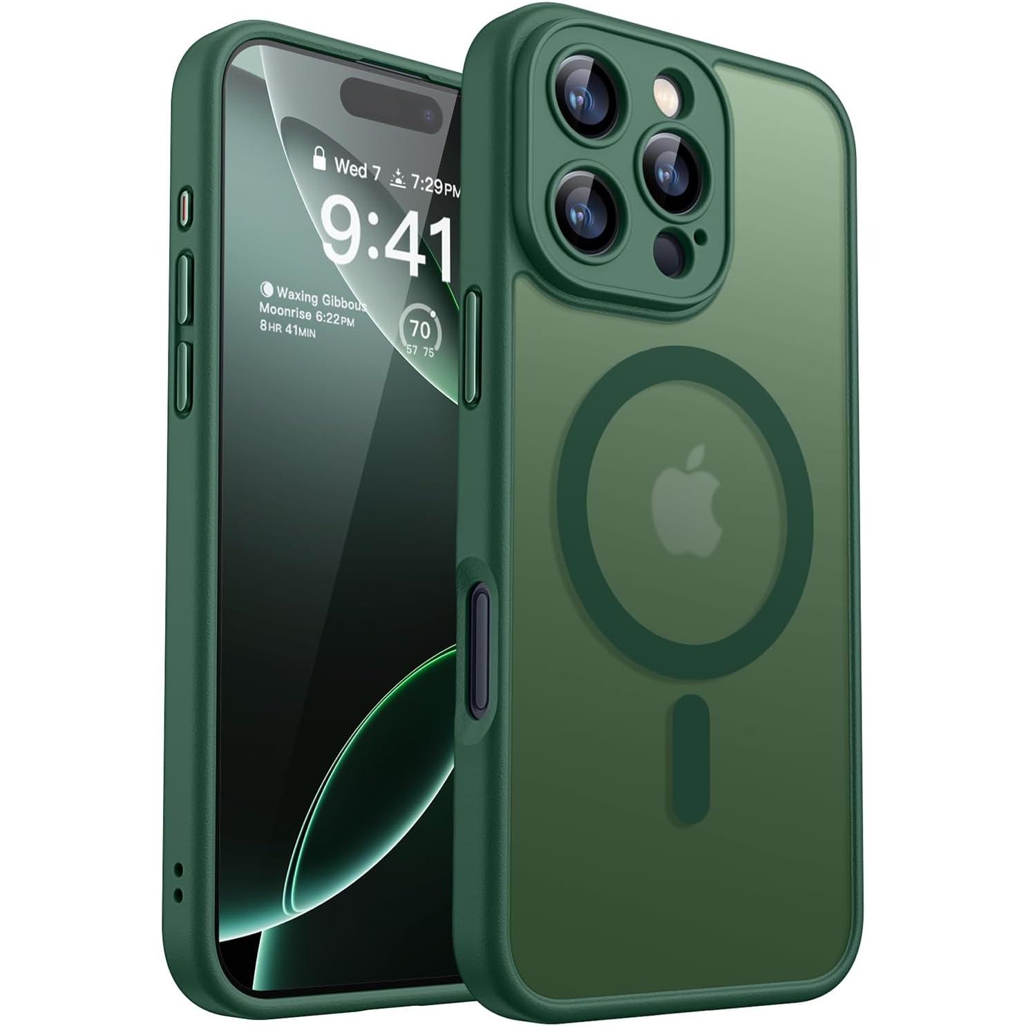 CANSHN Magnetic Compatible with iPhone 16 Pro Case, Upgraded [Full Camera Protection] [Compatible with Magsafe] [Translucent Matte] Shockproof Protective Phone Case Cover 6.3 Inch - Deep Green