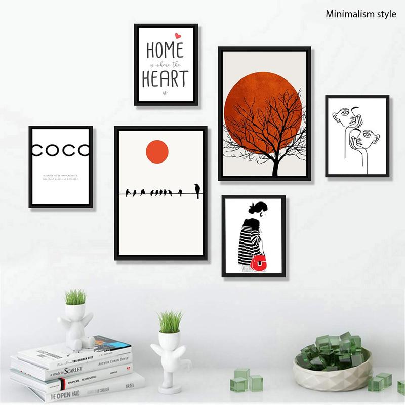 Set 6 Tranh Treo Tường Decor Phòng Tối Giản Mini Đỏ - Đã Có Khung + P…