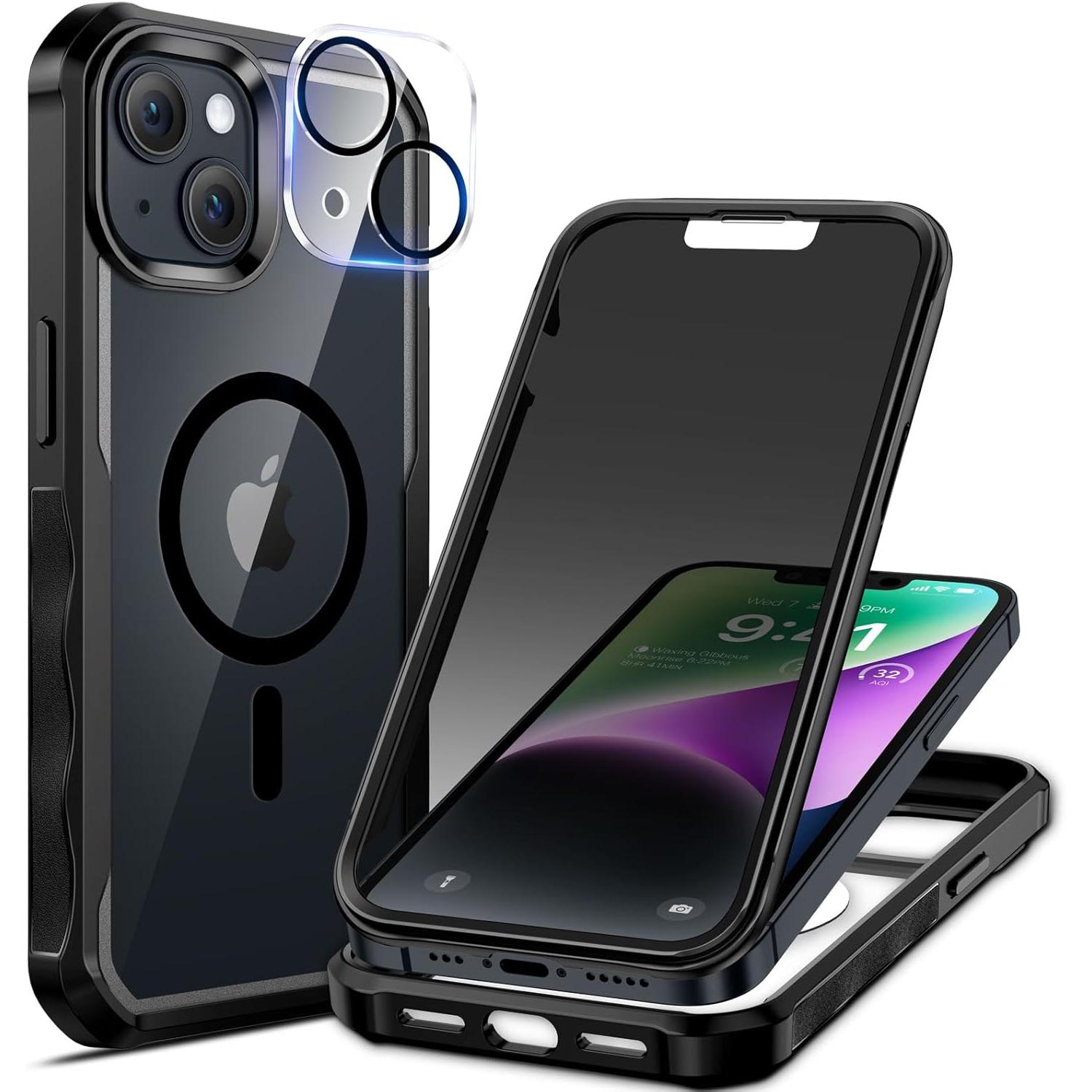 seacosmo for iPhone 14 Plus Case, Full Body Bumper with Built-in 9H Tempered Glass Privacy Screen Protector and Camera Lens Protector, Compatible with MagSafe, Shockproof Phone Cover, 6.7