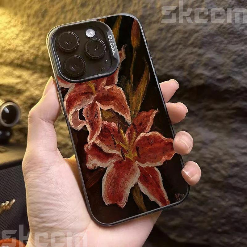 Oil Painting Lily Flower Retro Pattern Phone Case For iPhone 16 16E 15 14 13 12 11 Pro Max XS X XR 7 8 Plus Shockproof Cover-CoolChinaGoods
