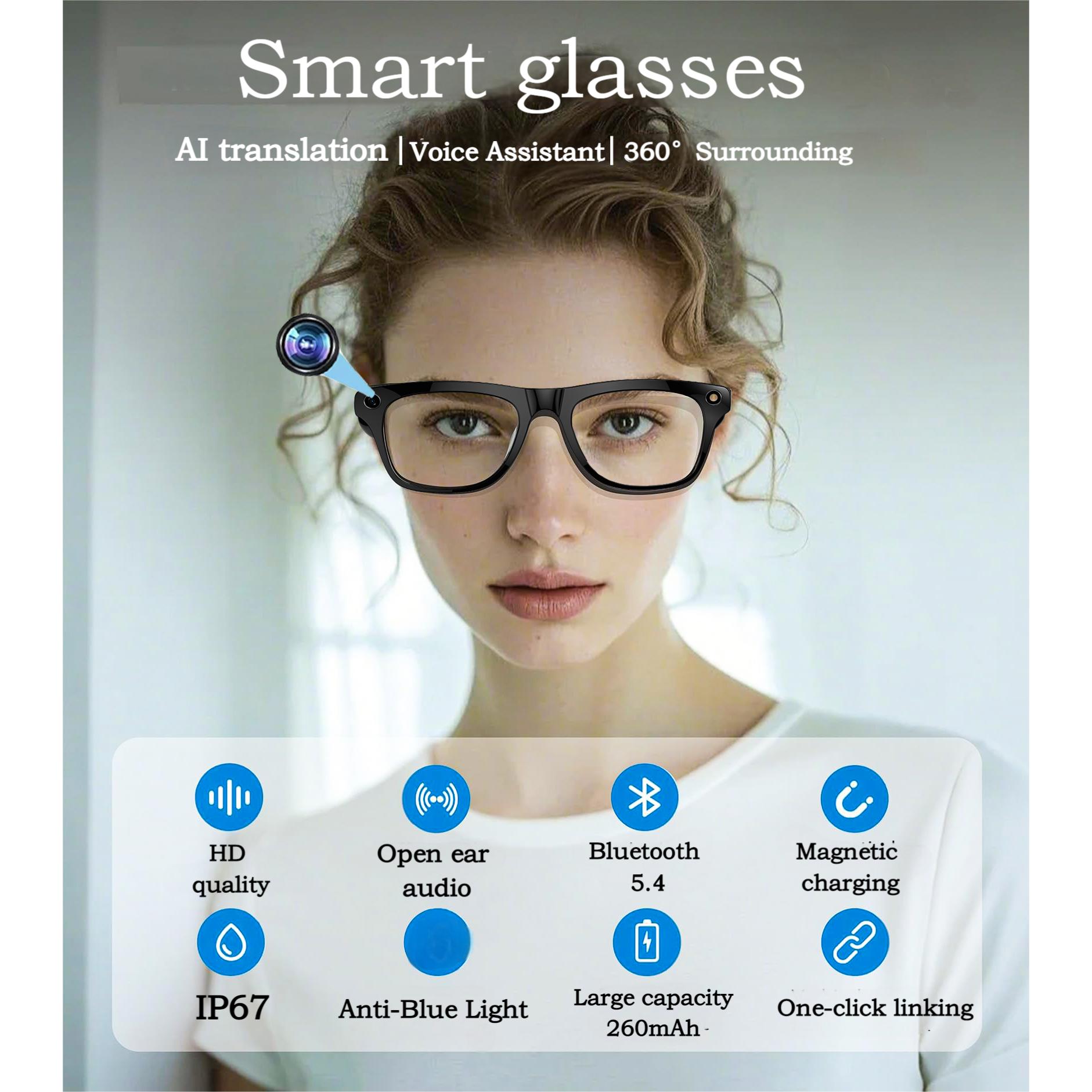 Bluetooth Smart Glasses For Women & Men,AI Translation With 140 Language,Built-in Mic & Speakers,Multifunctional Camera Glasses