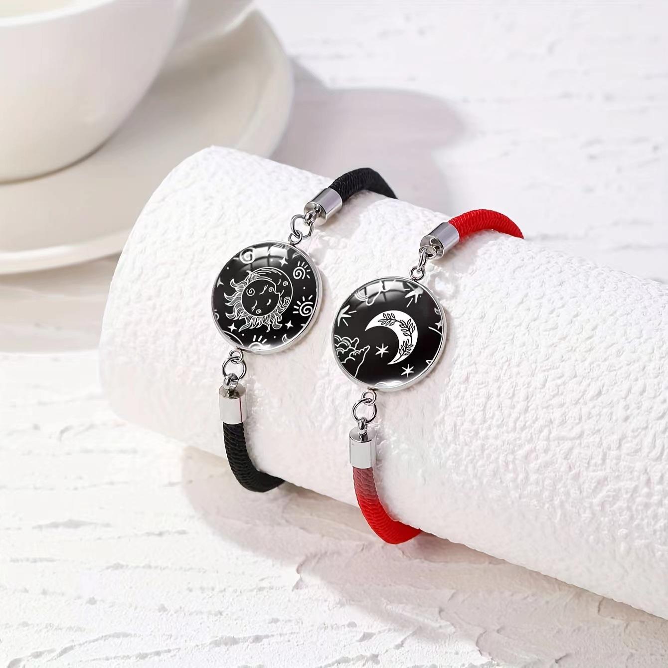 2Pcs Romantic Couple Bracelet Sun and Moon Lovers Adjustable Charm Bracelet Glow in The Dark Stainless Steel Woven Bracelet_voghion.com