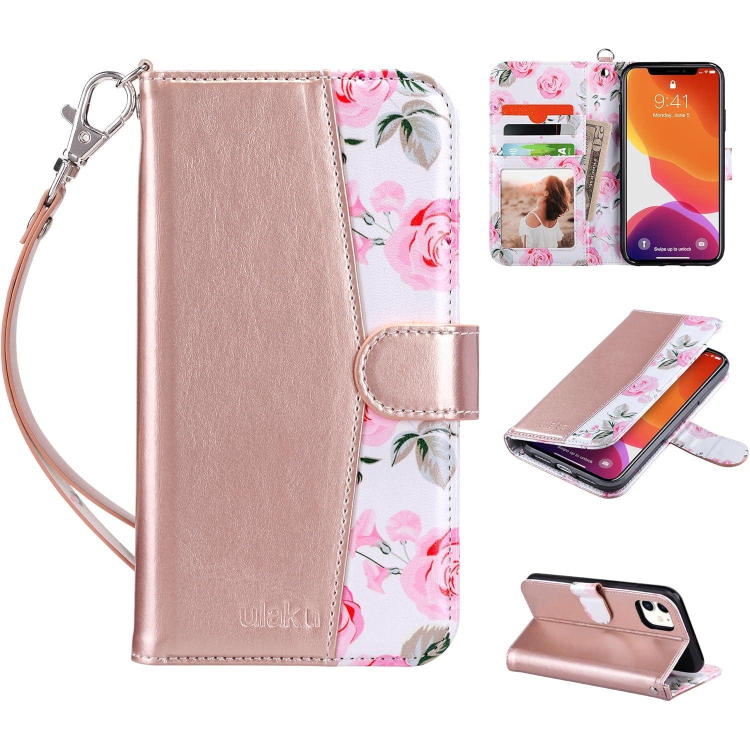 ULAK Compatible with iPhone 11 Wallet Case for Women, Premium PU Leather Folio Flip Case with Card Holders Kickstand, Folio Purse Purse Cover for iPhone 11 6.1 inch, Rose Gold
