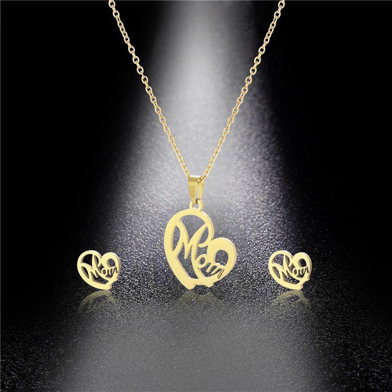 Stainless Steel Gold Silver Color MOM Letter Necklace Earrings Set Love Heart Mom Daughter Figure Jewelry Set Mother's Day Gift_voghion.com