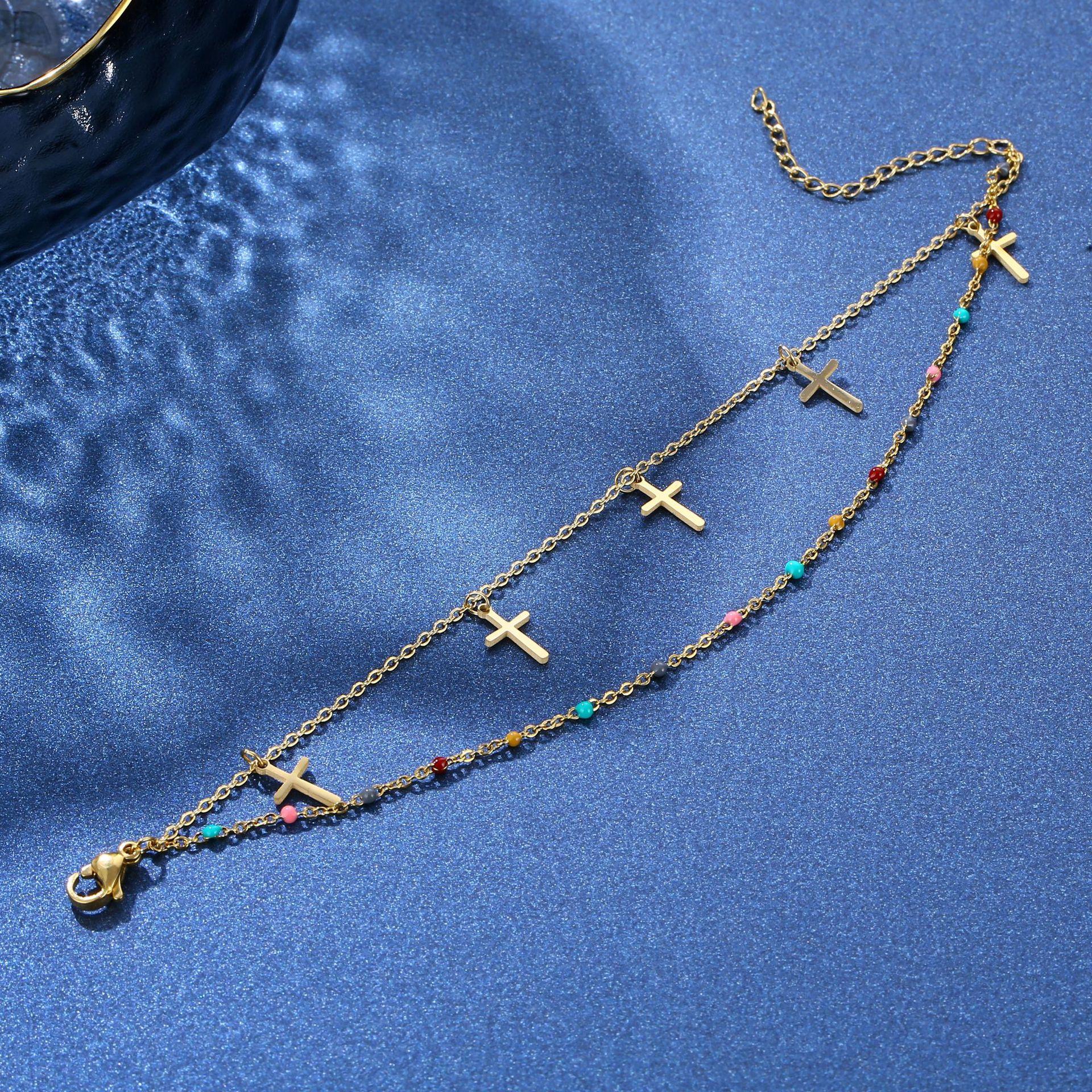 Stainless Steel Colorful Beads Cross Charm Bracelets For Women Girl New Trendy Hand Chain Jewelry Gifts_voghion.com