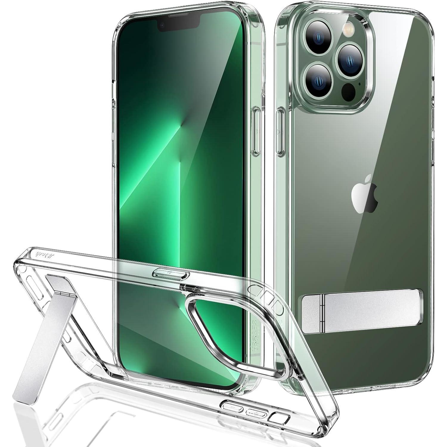 JETech Kickstand Case for iPhone 13 Pro, 6.1-Inch, Support Wireless Charging, Slim Shockproof Bumper Phone Cover, 3-Way Metal Stand (Clear)