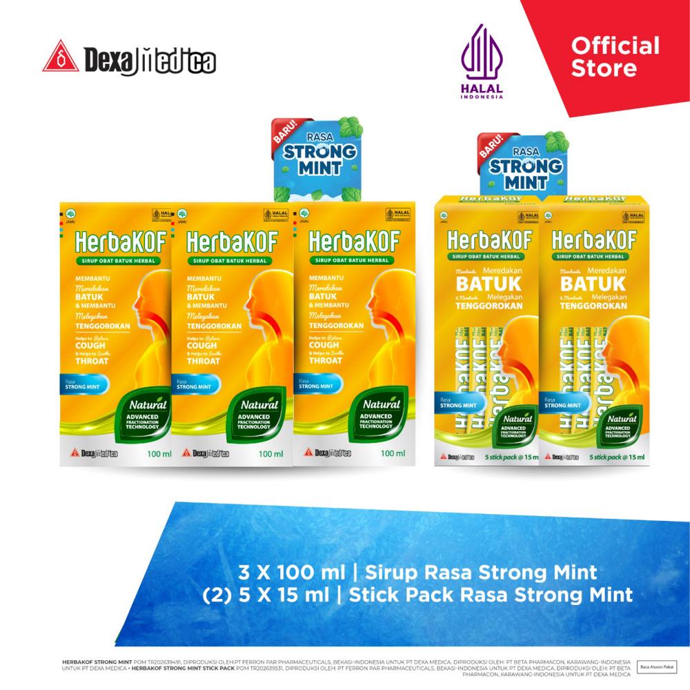 Herbakof Strong Mint Botol 100 ml (x3) + Herbakof Box Isi 5 Stickpack (x2) | Sirup Herbal Tenggorakan Gatal Kering Berdahak