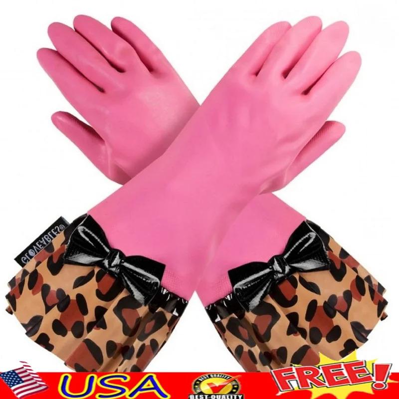 Glam Cleaning Gloves Long Cuffs Rubber Dishwashing Gloves Stylish Leopard Print Splash Guard Reusable Kitchen GlovesCoolCnGoods