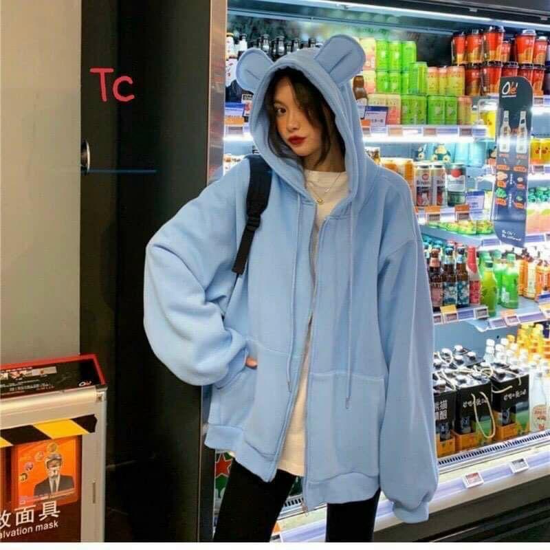 áo hoodie form rộng trơn tai thỏ