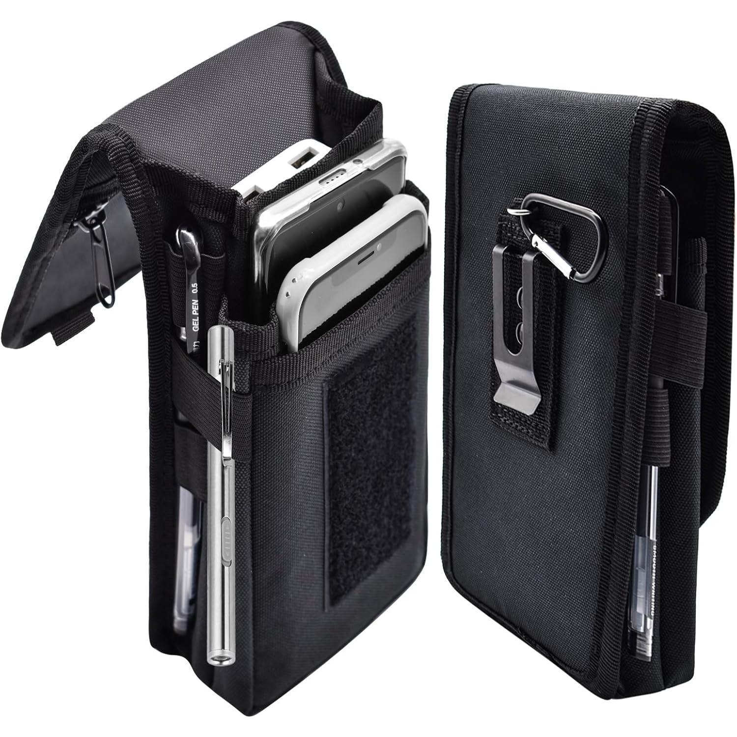 Dual Phone Holster,Belt Phone Pouch, Large Smartphone Pouch Cell Phone Holder, Multi-Purpose Tactical Cell Phone Holder for Work, Hiking, Camping, Barbecue, Rescue (Black)