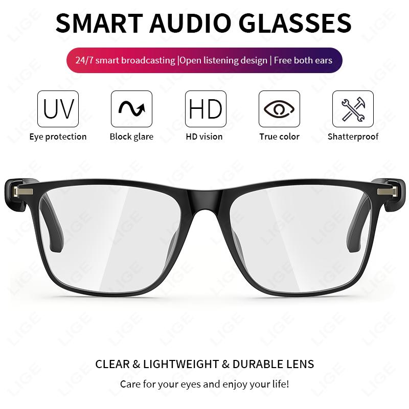 LIGE Smart Glasses Sunglasses Bluetooth Call Outdoor Sport Headphones Blue Light Waterproof Anti-UV Eyeglasses For Men Women New
