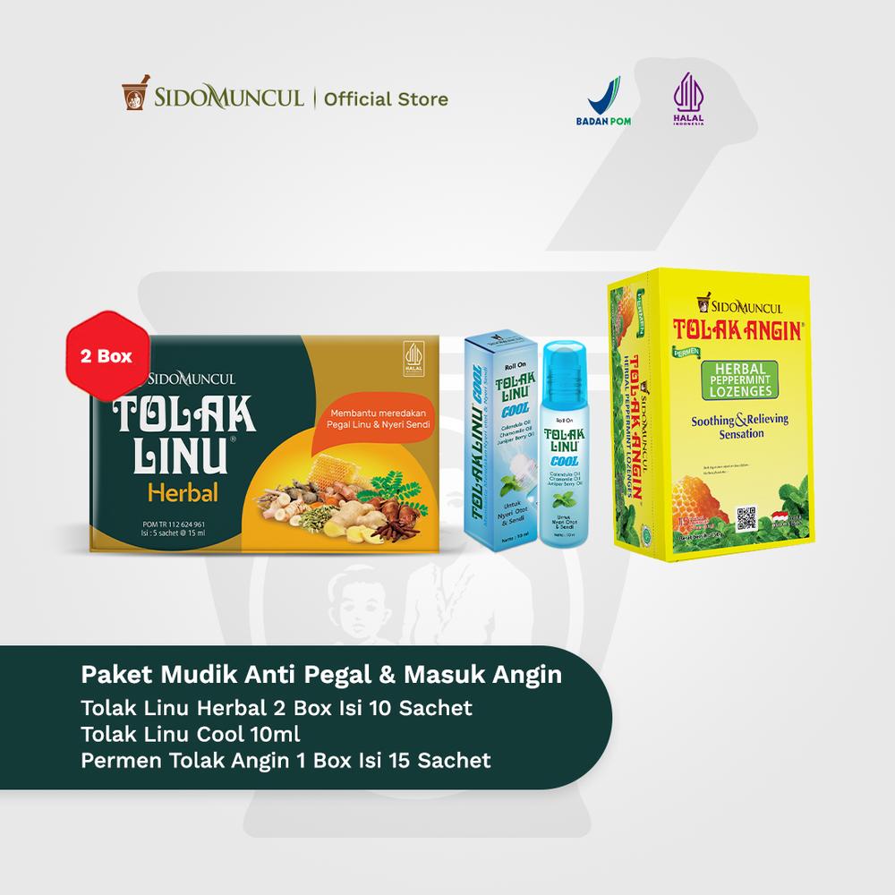 Paket Mudik Anti Pegal & Masuk Angin - Tolak Linu Cair Dus 2x5's Herbal Alami + Tolak Linu Cool 10 ml + Sido Muncul Permen Tolak Angin 15's