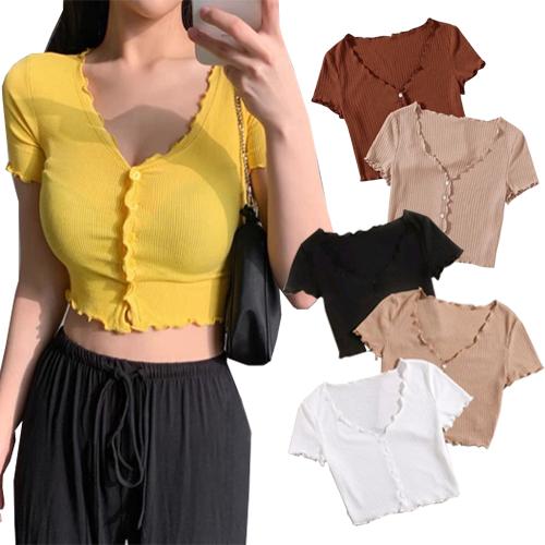 New Arrival Korean Fashion Button Down Ribbed Knitted Tops Lettuce Tr…