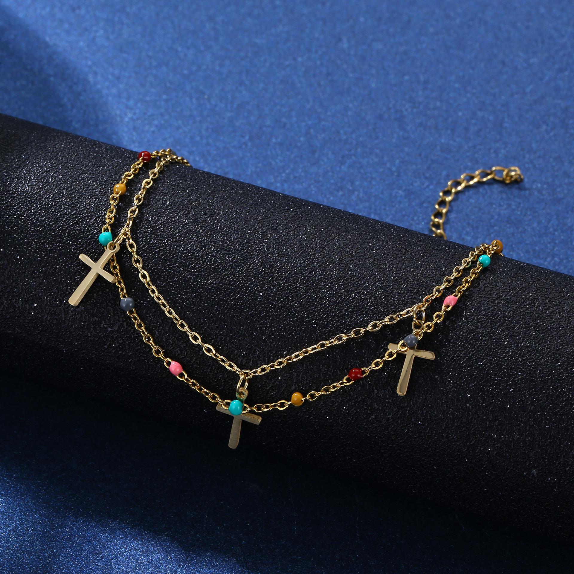 Stainless Steel Colorful Beads Cross Charm Bracelets For Women Girl New Trendy Hand Chain Jewelry Gifts_voghion.com