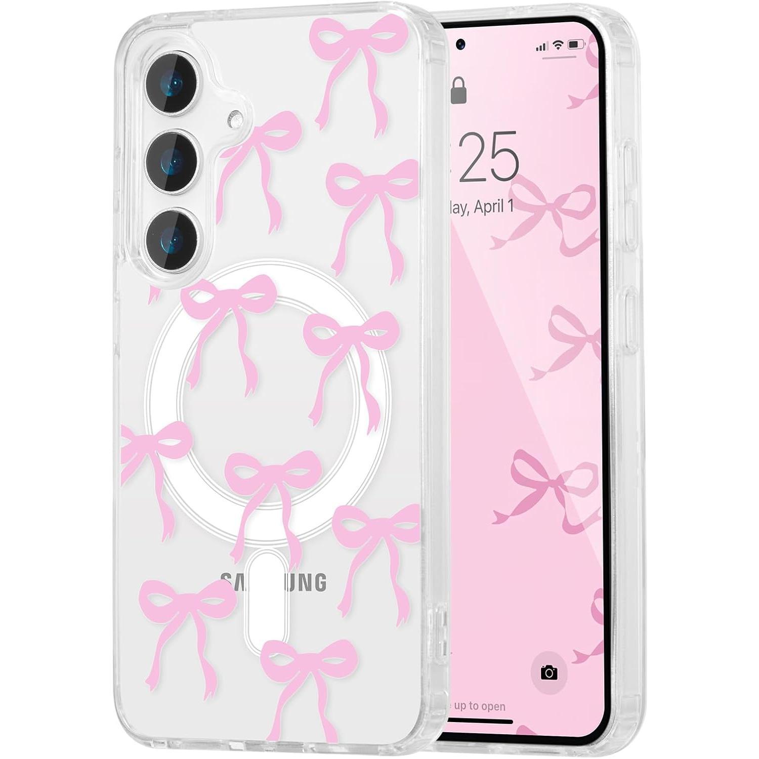 UEEBAI Magnetic for Samsung Galaxy S24 FE Case, Bow Case Compatible with MagSafe, Wireless Slim Clear Ribbon Aesthetic Phone Cover Anti-Yellowing Shockproof Protective Cover for Women Girl - Pink
