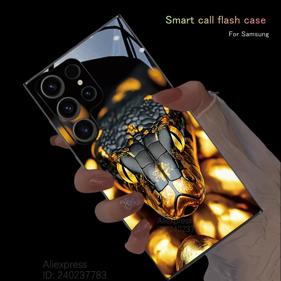 Black Gold Snake LED Flash Phone Case For Samsung S24 S22 S23 Plus S21 FE S25 Ultra A55 A35 Sound Control Luminous Phone Cover