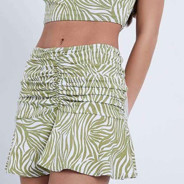 Khaki Zebra Print Ruched Front Frill Hem Mini Skirt