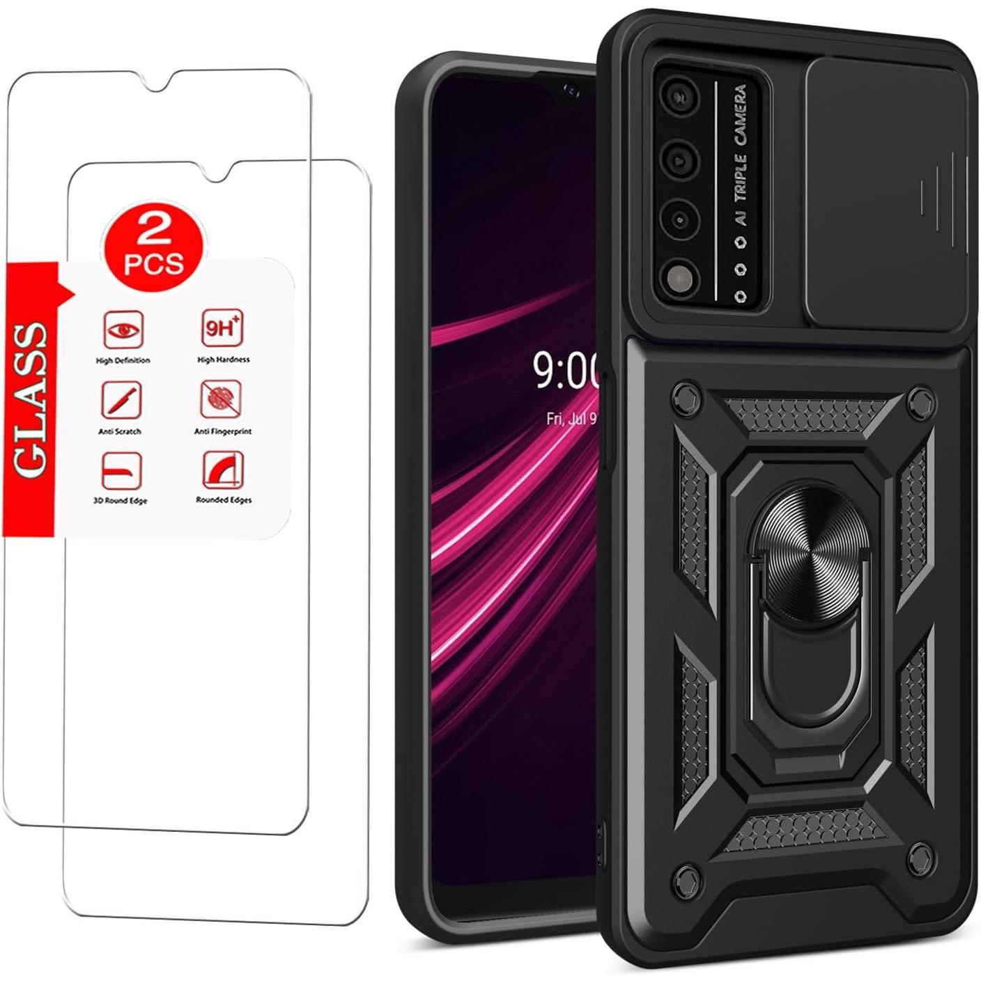 For T-Mobile REVVL V Plus 5G Case with [2 Pack] Tempered Glass Screen Protector, For TCL T-Mobile Revvl V+ 5G [Military-Grade] Protective ，Lens Protects Magnetic Kickstand Car Mount Phone Case
