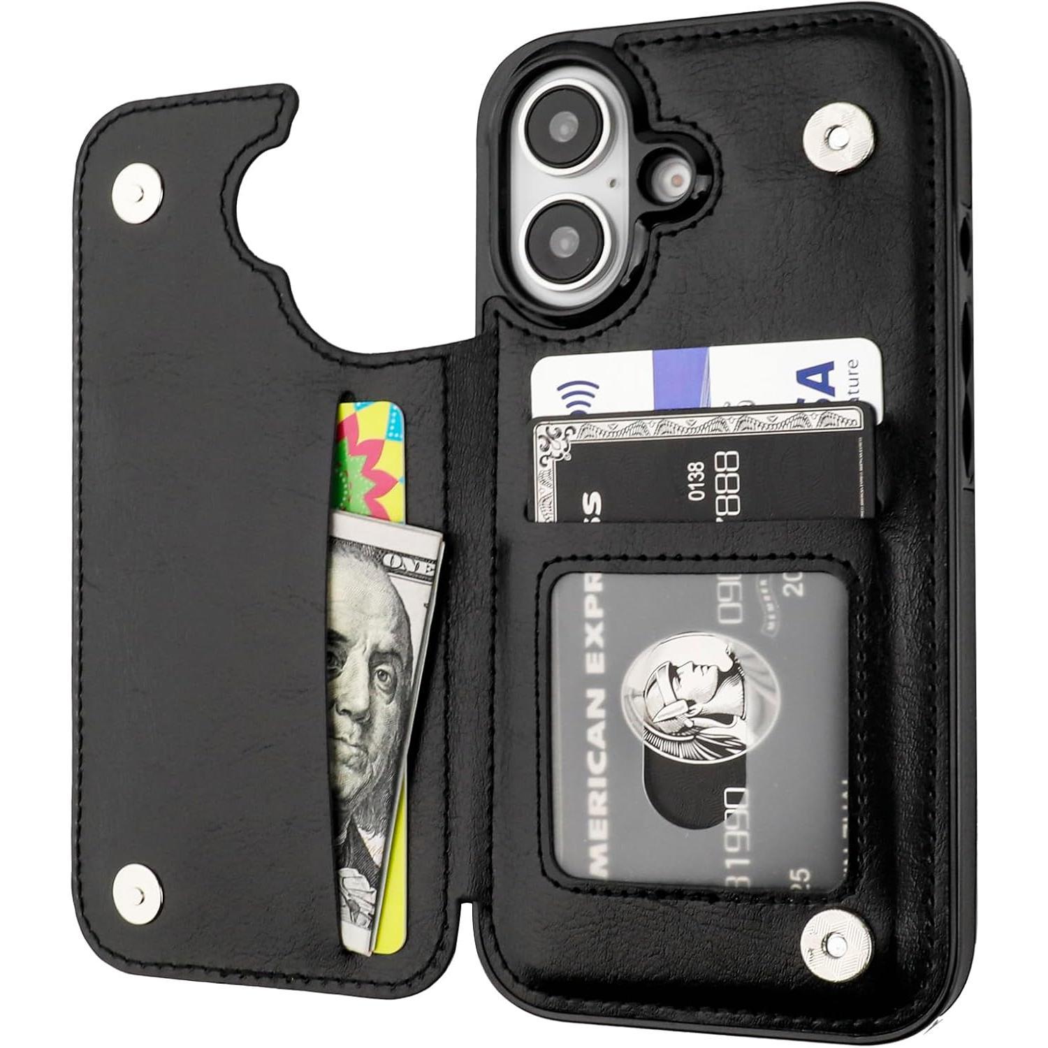 ONETOP Compatible with iPhone 16 Wallet Case with Card Holder, PU Leather Kickstand Card Slots Case, Double Magnetic Clasp and Durable Shockproof Cover 6.1 Inch (Black)