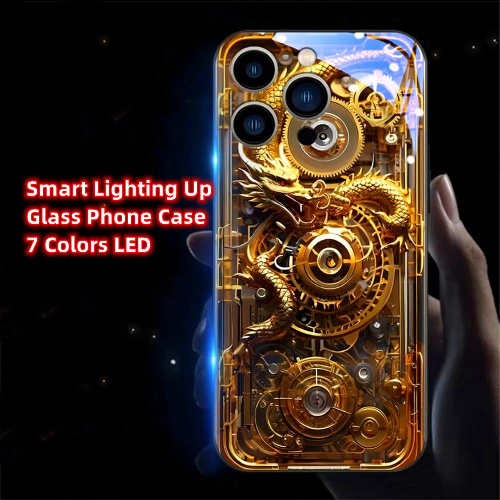 Mech Golden Dragon Sound Control LED Flash Case Luminous Glass Cover For Samsung S25 S24 S23 S22 S21 S20 FE Note Plus 20 Ultra