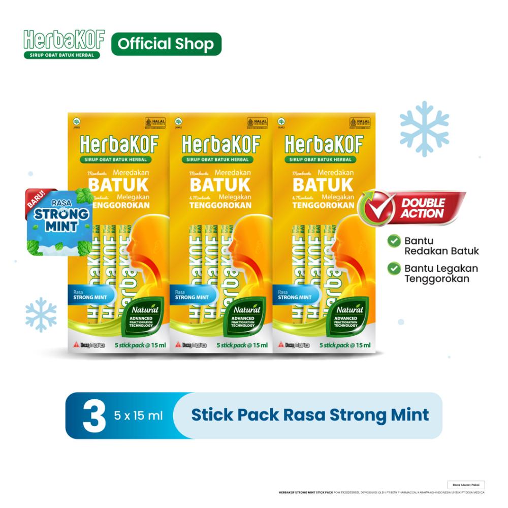 HERBAKOF Sirup Strong Mint Box Isi 5 Stick Pack @15 ml | Triple Pack | Sirup Herbal Anak Dewasa Tenggorakan Gatal Kering Berdahak