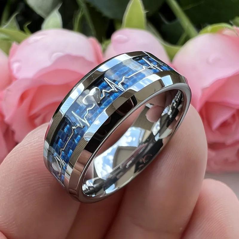 Fashion 8mm SilverBlue Carbon Fiber Heart Inlay Tungsten Carbide Engagement Rings Wedding Bands Domed Polished Shiny Comfort Fit-CoolChinaGoods