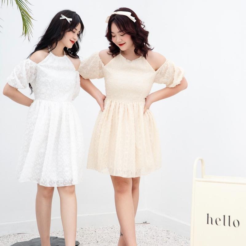 LOWA DRESS - VÁY VOAN TƠ LÔNG VŨ CỔ YẾM TRỄ VAI TAY BỒNG - V0150