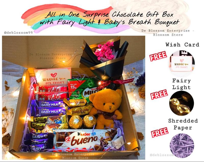 All in One Bear Baby's Breath Bouquet Fairy Light Chocolate Gift Box