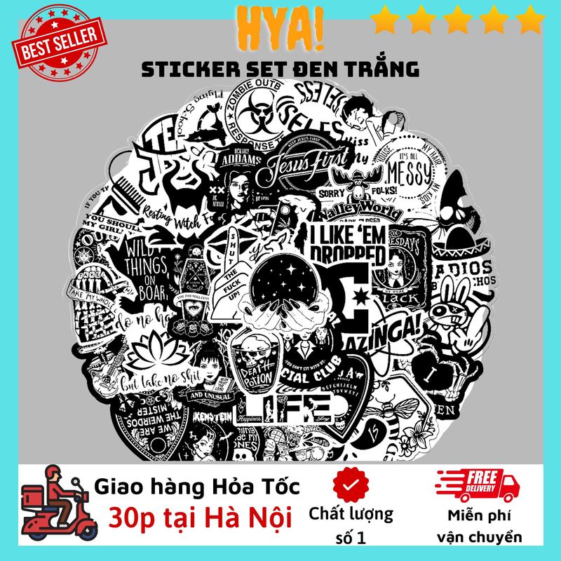Sticker set 50 hình Đen Trằng HYA chống nước dán mũ bảo hiểm, laptop,…