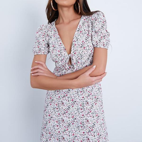 White Cotton Floral Print V-Neck Skater Dress
