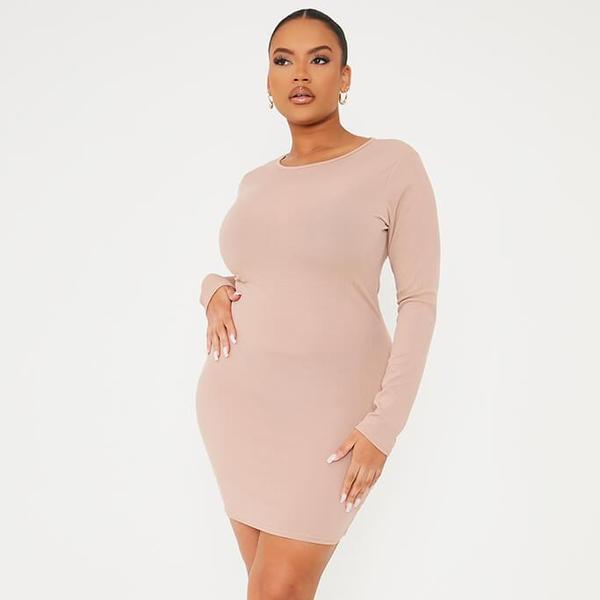 Stone Plus Basic Ribbed Long Sleeve Bodycon Dress